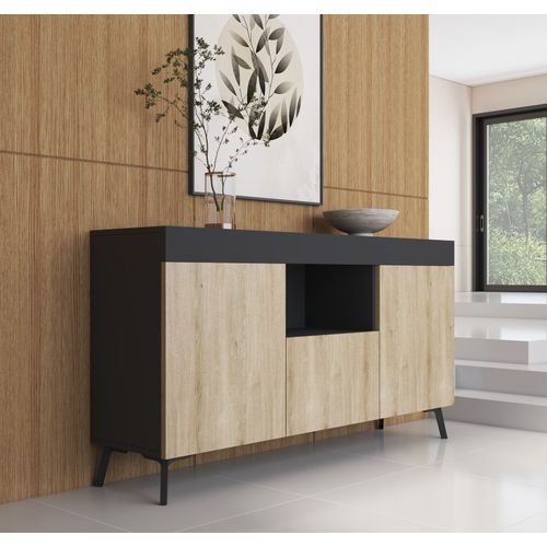 Bahut Buffet Pour Salon Salle à Manger En Noir Et Sonoma 130x32,5x70cm Kai
