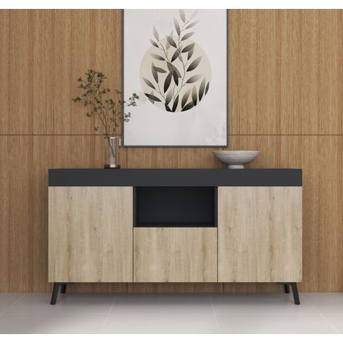 Bahut Buffet Pour Salon Salle à Manger En Noir Et Sonoma 130x32,5x70cm Kai