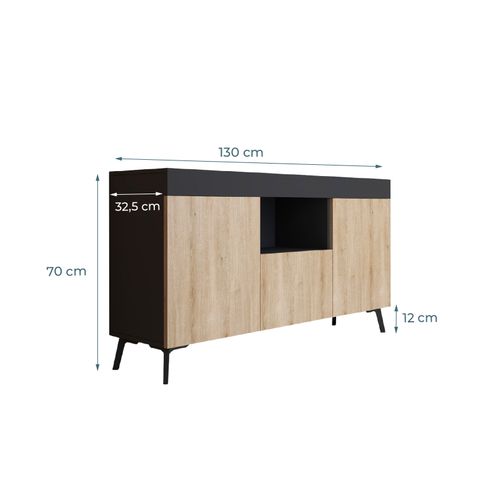 Bahut Buffet Pour Salon Salle à Manger En Noir Et Sonoma 130x32,5x70cm Kai