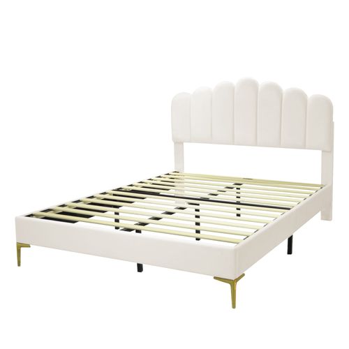 Lit Rembourré 140x200 Cm, Cadre En Velours Beige, Tête De Lit, Lit Pour Adultes Et Adolescents