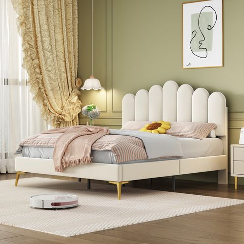 Lit Rembourré 140x200 Cm, Cadre En Velours Beige, Tête De Lit, Lit Pour Adultes Et Adolescents