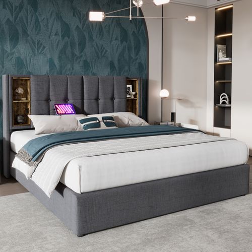 Lit Rembourré 160x200 Cm, Lit Avec Chargement USB C, En Coton Gris, Rangement Inclus