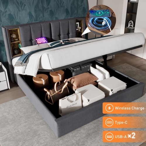 Lit Rembourré 160x200 Cm, Lit Avec Chargement USB C, En Coton Gris, Rangement Inclus