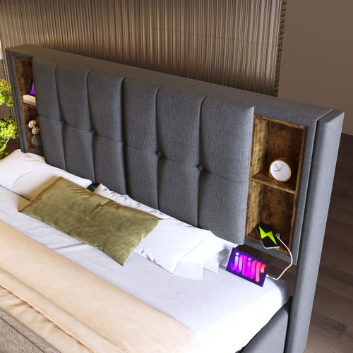 Lit Rembourré 160x200 Cm, Lit Avec Chargement USB C, En Coton Gris, Rangement Inclus