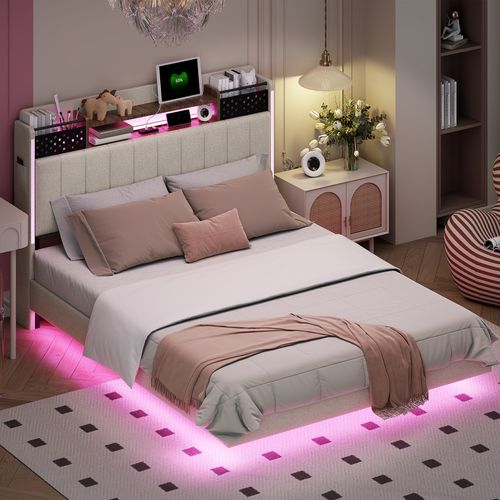 Lit Rembourré 140x200 Cm Avec LED, Prise USB, Tête De Lit Avec Rangement, En Lin, Beige