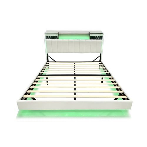 Lit Rembourré 140x200 Cm Avec LED, Prise USB, Tête De Lit Avec Rangement, En Lin, Beige