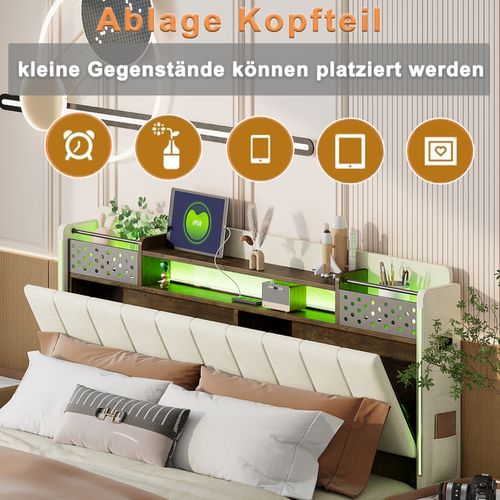 Lit Rembourré 140x200 Cm Avec LED, Prise USB, Tête De Lit Avec Rangement, En Lin, Beige
