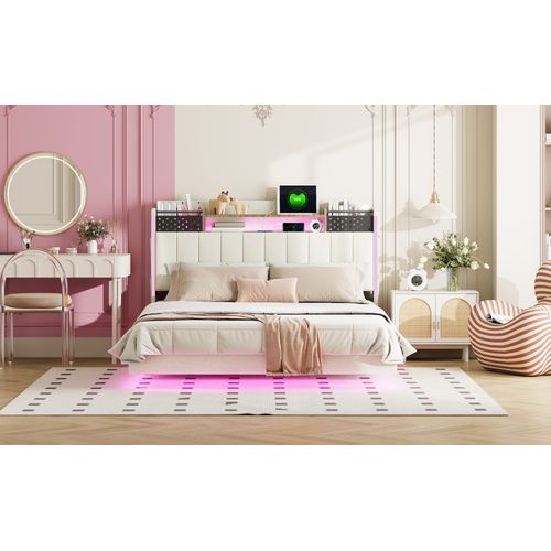 Lit Rembourré 140x200 Cm Avec LED, Prise USB, Tête De Lit Avec Rangement, En Lin, Beige