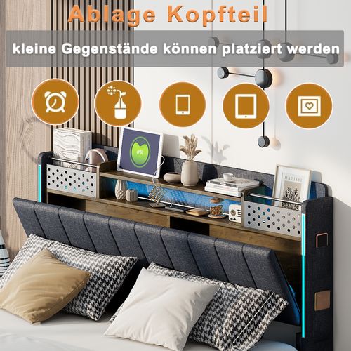 Lit Rembourré 160x200 Cm Avec LED, Prise USB, Tête De Lit Avec Rangement, En Lin, Gris