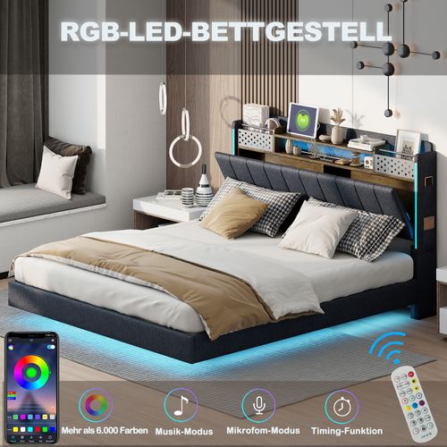 Lit Rembourré 160x200 Cm Avec LED, Prise USB, Tête De Lit Avec Rangement, En Lin, Gris
