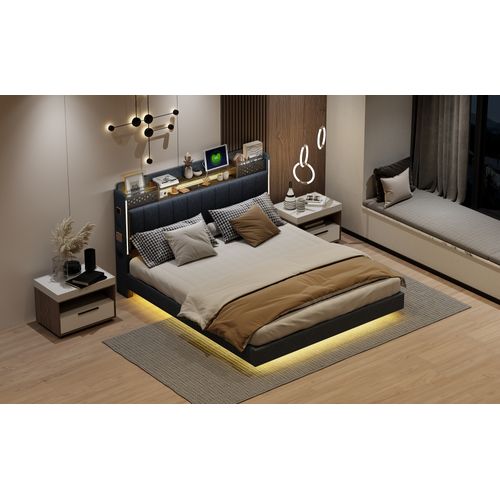 Lit Rembourré 160x200 Cm Avec LED, Prise USB, Tête De Lit Avec Rangement, En Lin, Gris