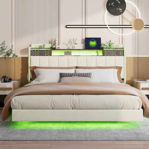 Lit Rembourré 160x200 Cm Avec LED, Prise USB, Tête De Lit Avec Rangement, En Lin, Beige