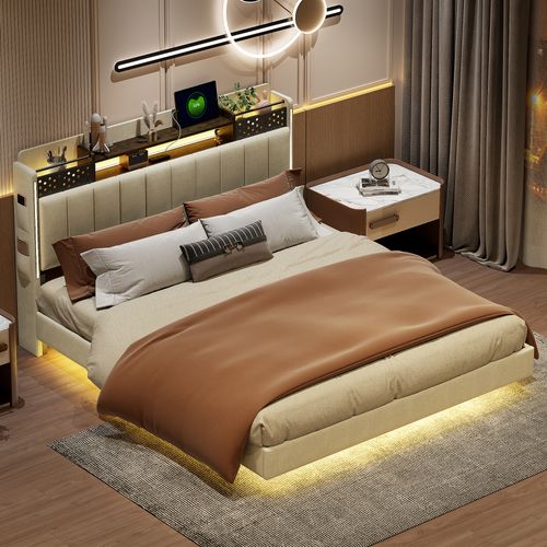 Lit Rembourré 160x200 Cm Avec LED, Prise USB, Tête De Lit Avec Rangement, En Lin, Beige