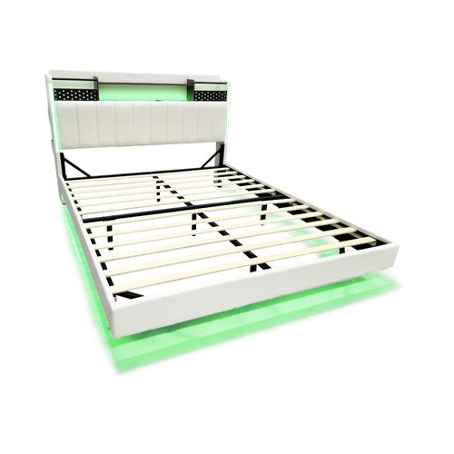 Lit Rembourré 160x200 Cm Avec LED, Prise USB, Tête De Lit Avec Rangement, En Lin, Beige