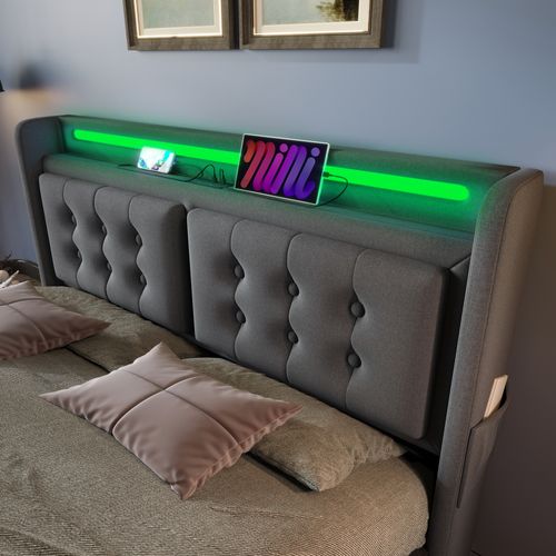 Lit Tapissier 140x200 Cm, Lit Double Avec Tête De Lit LED, Gris