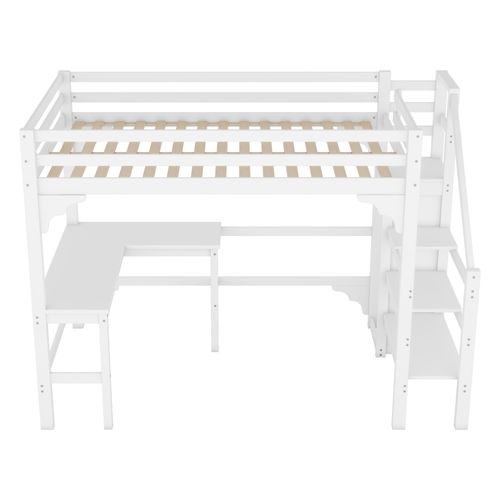 Lit En Hauteur 140 X 200, Bureau En L Forme, Pin, Armoire Ouverte, Style Minimaliste