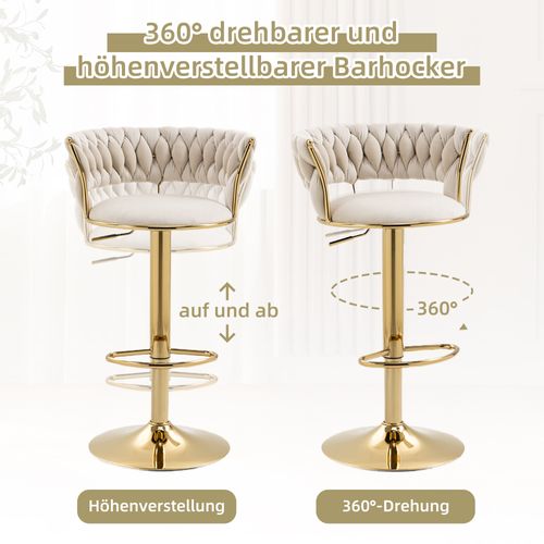 Tabouret De Bar En Velours, Set De 2, Rotation 360°, Réglage De Hauteur, Confort Moderne