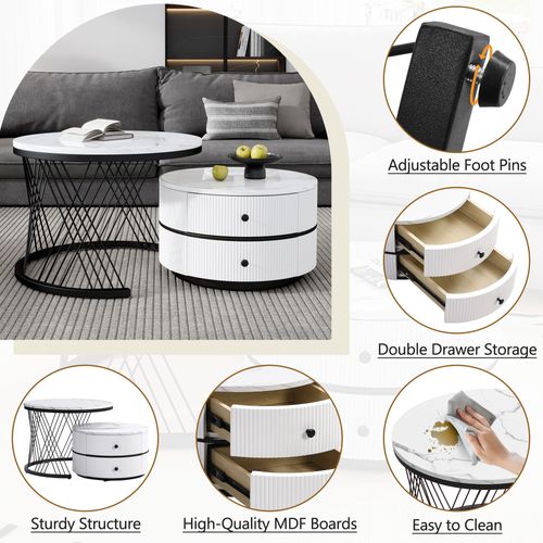 Bout De Canapé Nesting, Blanc, Avec 2 Tiroirs Pour Un Rangement Pratique