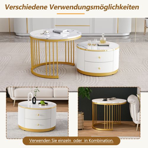 Table Basse Avec 2 Tiroirs, Doré, Avec Coins Arrondis Pour Une Esthétique Douce