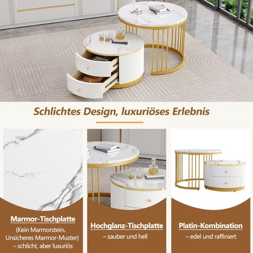 Table Basse Avec 2 Tiroirs, Doré, Avec Coins Arrondis Pour Une Esthétique Douce