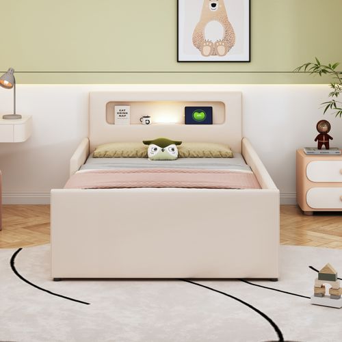 Lit Enfant 90x200 Cm Avec LED, USB Et Tiroirs De Rangement, Simili Cuir Beige