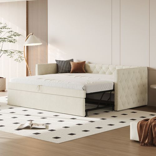 Lit Tapissé 90x200 Cm, Matériau Velours, Avec Lit Escamotable, Couleur Beige