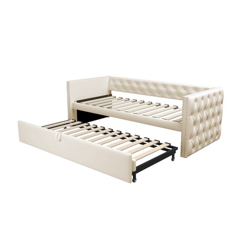 Lit Tapissé 90x200 Cm, Matériau Velours, Avec Lit Escamotable, Couleur Beige