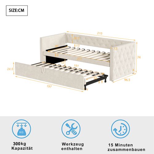 Lit Tapissé 90x200 Cm, Matériau Velours, Avec Lit Escamotable, Couleur Beige