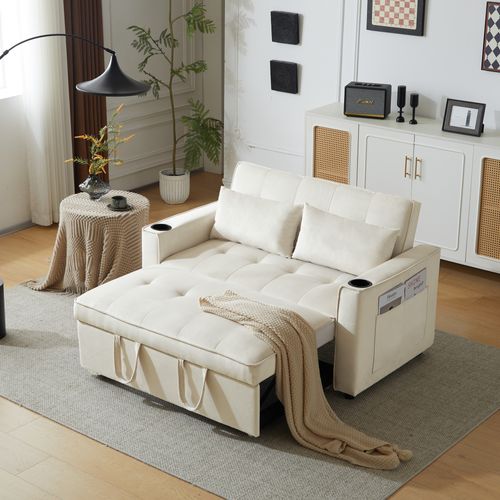 Canapé Convertible, Pieds Dorés, Avec Rangement Latéral - Beige