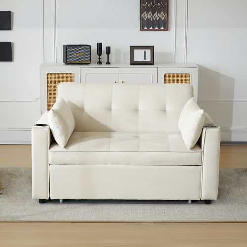 Canapé Convertible, Pieds Dorés, Avec Rangement Latéral - Beige