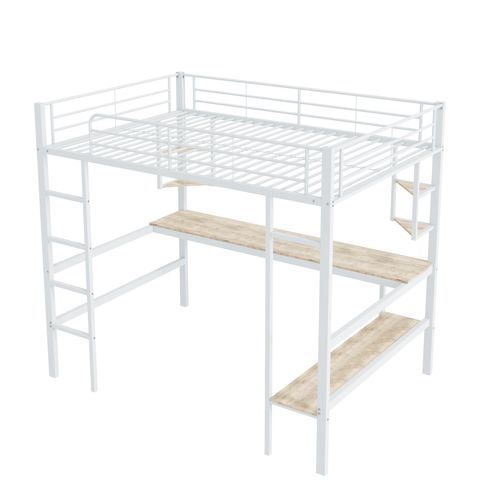 Lit Mezzanine 90 X 200 Cm En Métal, Avec Étagères Pour Enfants, Blanc
