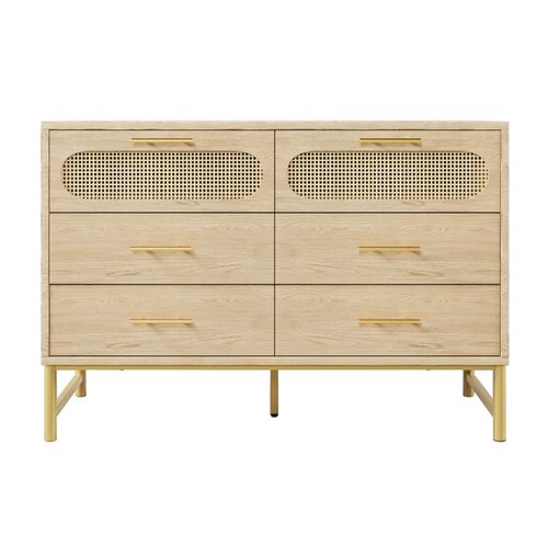 Commode En Rattan Avec 6 Tiroirs, Meuble De Rangement, Sonoma Chêne, 120x40x74 Cm