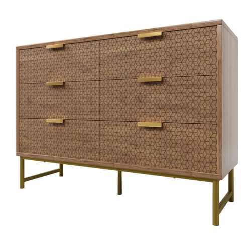 Commode à Structure Gaufrée, Buffet Avec Poignées En Métal, 6 Tiroirs, Noyer, 120 X 40 X 75 Cm