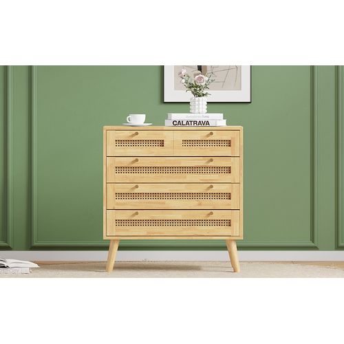 Commode Classique Avec 3 Tiroirs, Plateau En Rattan, Couvercle à Rabat, Bois, Panneaux