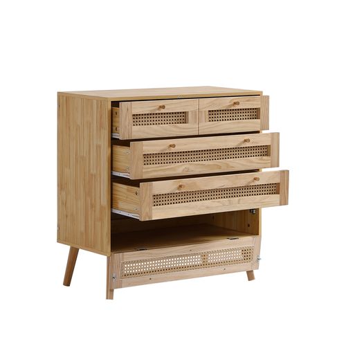 Commode Classique Avec 3 Tiroirs, Plateau En Rattan, Couvercle à Rabat, Bois, Panneaux