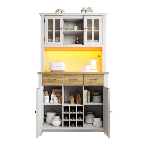 Buffet En Bois Mdf Avec Étagères Ajustables Et LED, Tiroir Bois, Cuisine, 90 X 40 X 95 Cm