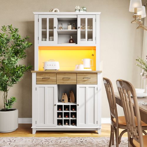Buffet En Bois Mdf Avec Étagères Ajustables Et LED, Tiroir Bois, Cuisine, 90 X 40 X 95 Cm