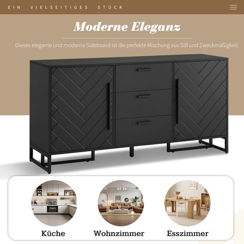 Buffet En Bois Mdf Et Pb Avec Tiroirs Et Portes, Noir, Élégant Design Chevrons, 160 X 40 X 80 Cm