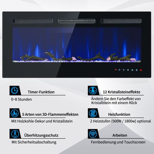 Cheminée Électrique Murale Et Intégrée, 106,5×46,5×12 Cm, Avec 12 Couleurs De Flamme, Noir