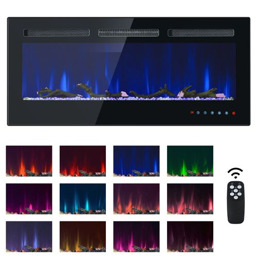 Cheminée Électrique Murale Et Intégrée, 106,5×46,5×12 Cm, Avec 12 Couleurs De Flamme, Noir
