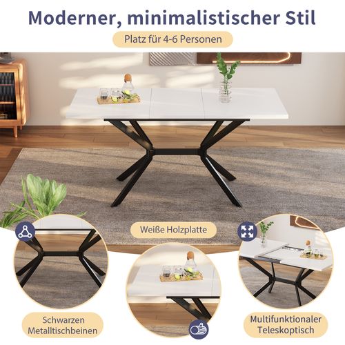 Table à Manger Élargissable,120/160 X 80 Cm,blanche,avec Pieds Métalliques Noirs,pour 4-6 Personnes