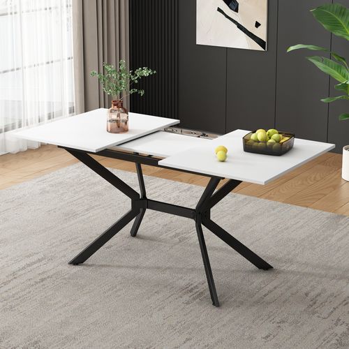 Table à Manger Élargissable,120/160 X 80 Cm,blanche,avec Pieds Métalliques Noirs,pour 4-6 Personnes