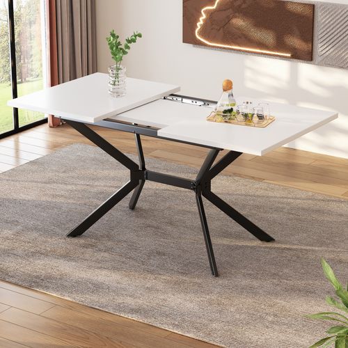 Table à Manger Élargissable,120/160 X 80 Cm,blanche,avec Pieds Métalliques Noirs,pour 4-6 Personnes