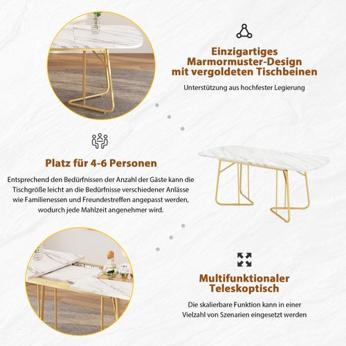 Table à Manger Élargissable,140/180 X 80 Cm Blanche Avec Pieds En Métal Doré