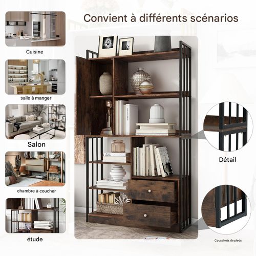 Étagère à Livres, 6 Étagères, Avec Portes Et Tiroirs, Style Industriel, En Acier, Brun Antique