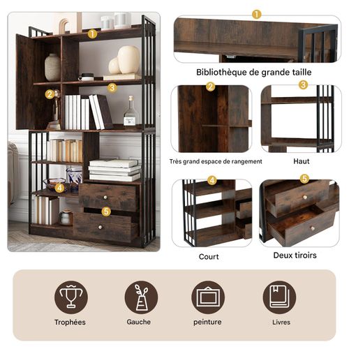 Étagère à Livres, 6 Étagères, Avec Portes Et Tiroirs, Style Industriel, En Acier, Brun Antique