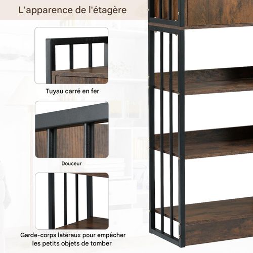 Étagère à Livres, 6 Étagères, Avec Portes Et Tiroirs, Style Industriel, En Acier, Brun Antique