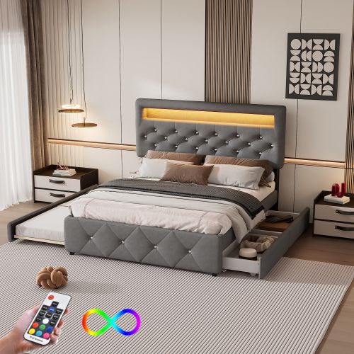 Lit Rembourré 140x200 cm (90x200 cm) Avec Tête De Lit Lumineuse - Gris