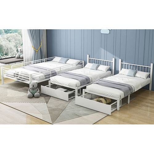 Lit Superposé Convertible En Métal Blanc 140 X 200 Cm Avec Tiroirs, Multifonctionnel