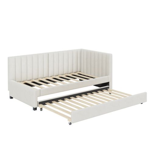 Lit Rembourré 90x200cm,canapé-lit Extensible, Lit Multifonction Avec Sommier à Lattes, Velours Beige